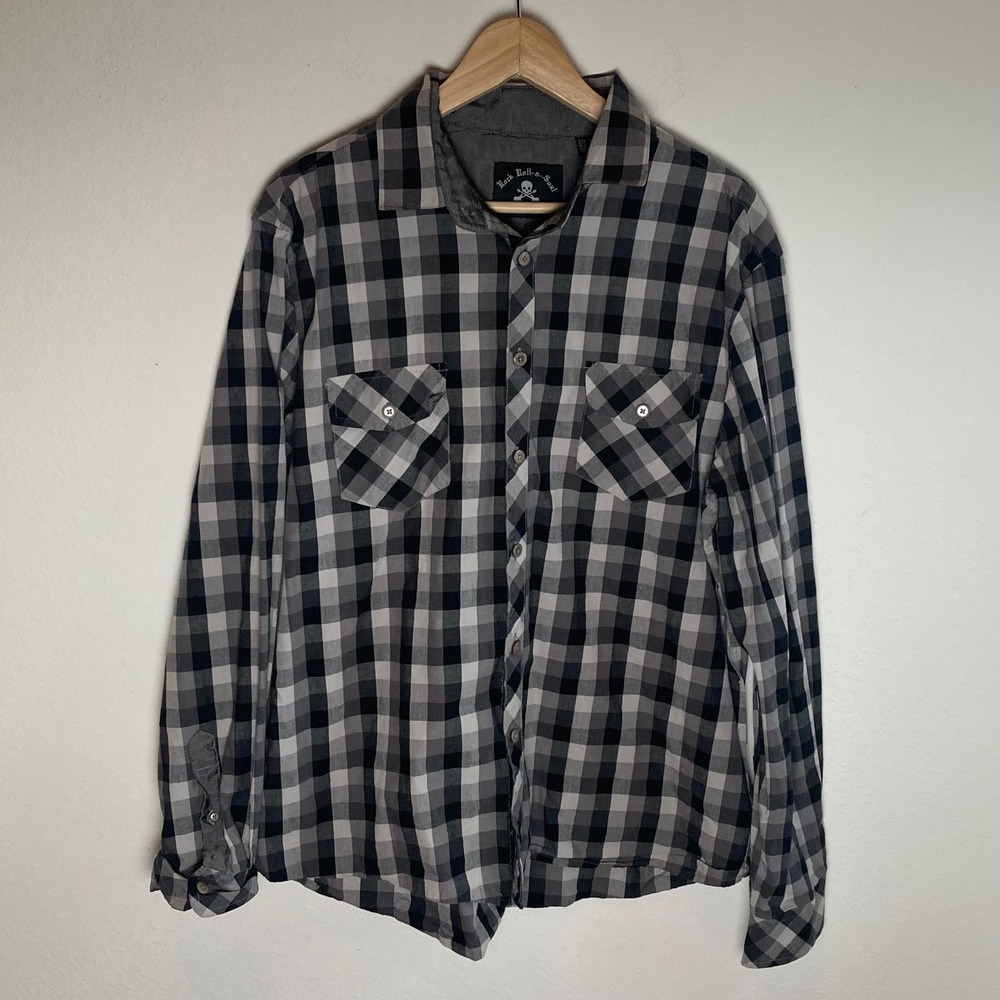 Rock Roll-n-Soul Shirt Mens XL Black Grey Plaid Button Down Check Rockabilly L/S
